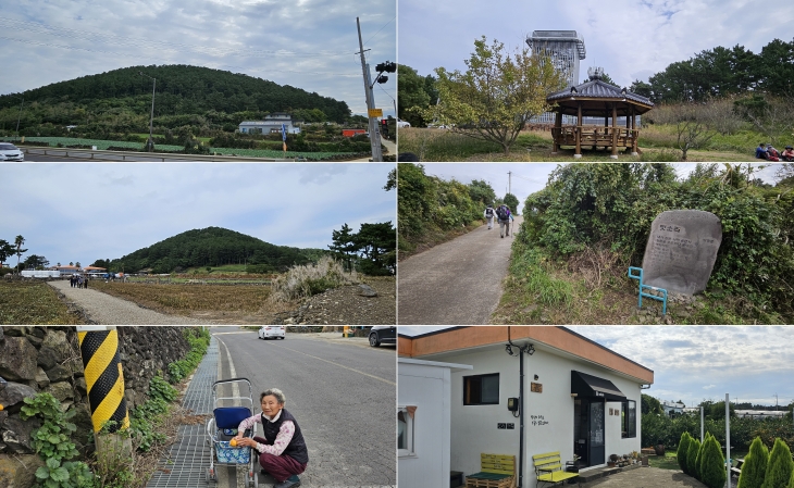 올레길 16코스 수산봉(물메오름), 수산봉 정상, 수산저수지쪽에서 바라본 수산봉, 16코스 올레길, 올레꾼들에게 감귤을 나눠주는 마음씨 좋은 할머니, 올레길에서 만난 무인카페. 제주 강동삼 기자