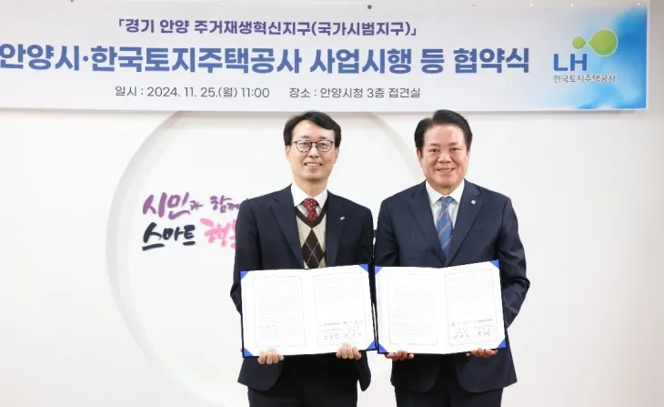 안양시(시장 최대호, 오른쪽)와 한국토지주택공사 경기남부지역본부(본부장 강오순)가 25일 안양3동 양지마을 일원의 주거재생혁신지구(국가시범지구) 사업 시행을 위한 업무협약을 체결했다. (안양시 제공)