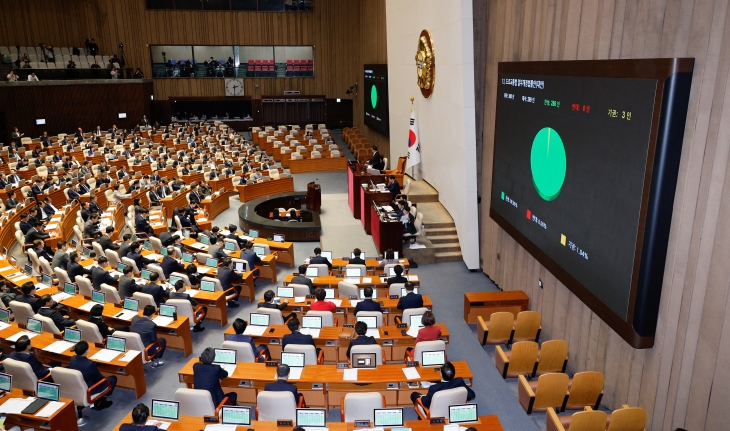 14일 오후 서울 여의도 국회에서 열린 제418회 국회(정기회) 제12차 본회의에서 도로교통법 일부개정법률안이 재적 300인, 재석 289인, 찬성 286인, 반대 0인, 기권 3인으로 통과되고 있다. 2024.11.14 뉴스1