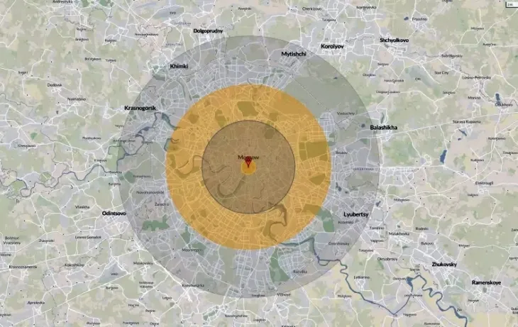 30일(현지시간) 미국 뉴스위크가 민간연구기관 ‘스티븐스 인스티튜트 테크놀로지’의 핵위협 분석 프로그램 ‘누크맵’(NUKEMAP)을 활용해 분석한 결과,  1200kt 위력의 미국 최강 핵항공폭탄 B83이 러시아 모스크바 3.32㎞ 상공에서 터질 경우 첫 24시간 내 512만명이 죽거나 다칠 것으로 추산됐다.2024.11.30 누크맵