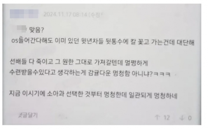 자신을 서울의 한 수련병원에서 근무하는 일반의라고 밝힌 A씨가 익명 의사 커뮤니티에서 다른 의사들로부터 신상털이와 욕설 등 온라인 괴롭힘을 당하고 있다고 폭로했다. 자료 :  A씨 블로그