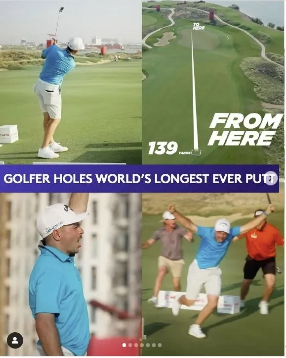 데이비드 미첼루치가 139야드 퍼팅 시도와 성공한 후의 모습 사진들. DP 월드투어 SNS