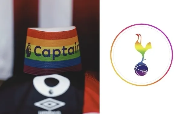 성소수자에 대한 지지를 표명하는 ‘레인보우 레이스’ 캠페인에 참여한 잉글랜드 프리미어리그(PL) 구단들. 브렌트포드의 ‘무지개 완장’(왼쪽)과 토트넘 핫스퍼의 ‘무지개 로고’. 자료 : 브렌트포드·토트넘 핫스퍼 공식 소셜미디어(SNS)