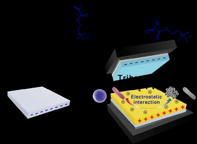 4차 암모늄기를 함유한 양이온성 PVDF 공중합체 기반 마찰대전 소재의 개략도. 한기대 제공