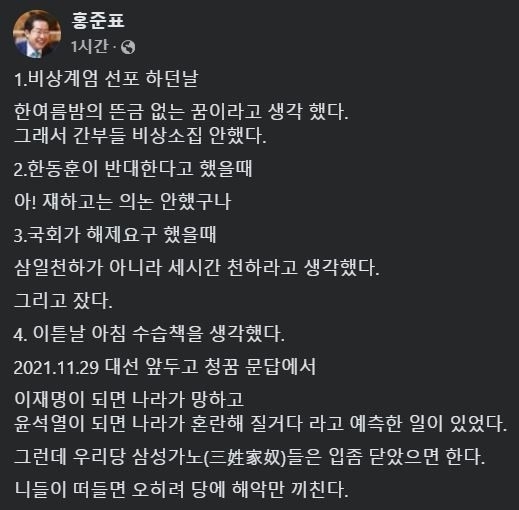 5일 홍준표 대구시장이 페이스북에 윤석열 대통령 비상계엄 선포부터 이튿날까지의 생각과 친한계 인사들에 대한 생각을 담은 글을 올렸다. 홍준표 페이스북 캡처