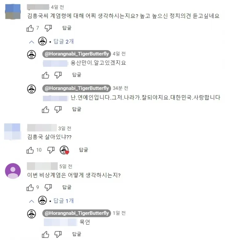 가수 김흥국의 유튜브 채널에 “비상계엄에 대해 어떻게 생각하느냐”는 질문이 쏟아지자 김씨가 “용산만이 알겠지요”, “묵언” 등의 댓글을 달았다. 자료 : 유튜브 ‘김흥국 들이대 TV’