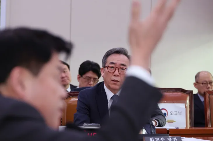 조태열 외교부 장관이 28일 국회 외교통일위원회 전체회의에서 사도광산 문제와 관련한 조국혁신당 김준형 의원의 질의에 답하고 있다. 2024.11.28. 연합뉴스