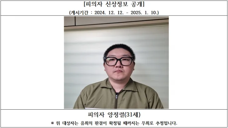 일면식 없는 동갑내기 남성을 살해하고 피해자 지문으로 대출까지 받은 강도살인범 양정렬(31)의 신상정보가 12일 공개됐다. 대구지검 김천지청은 이날부터 누리집에 양정렬의 이름, 나이, 사진을 30일간 공개하기로 했다. 2024.12.12 대구지검 김천지청 누리집