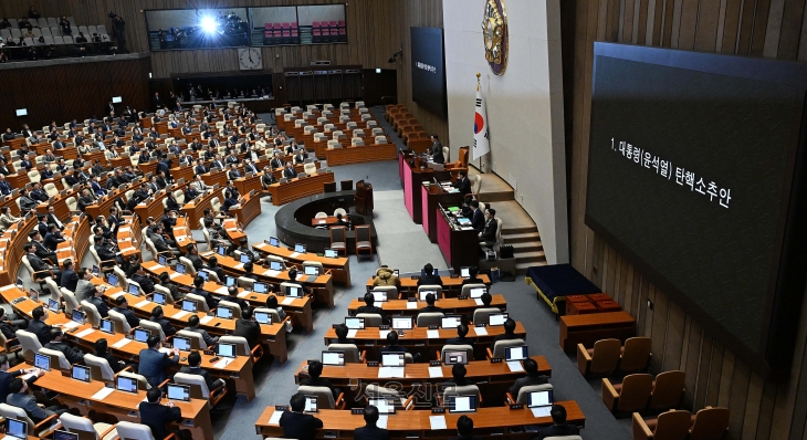 우원식 국회의장이 14일 서울 여의도 국회에서 윤석열 대통령에 대한 2차 탄핵소추안을 가결시키고 있다. 2024.12.14 오장환 기자