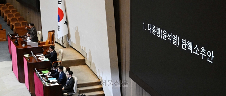 윤석열 대통령 탄핵의 직접적 원인은 비상식적 비상계엄 선포였으나 그 기저에는 지지율 하락이 자리하고 있었다는 지적이다. 사진은 지난 14일 대통령 탄핵소추안 표결이 진행되고 있는 국회 본회의장 모습. 오장환 기자