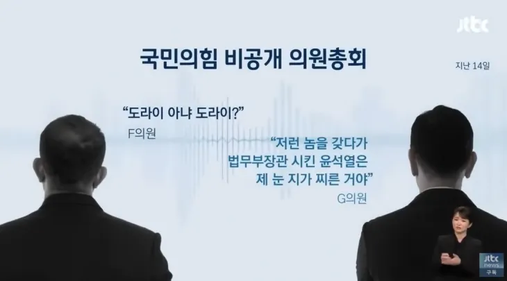 14일 윤석열 대통령 탄핵소추안이 국회 본회의에서 가결된 직후 열린 국민의힘 의원총회에서 윤 대통령 탄핵에 찬성한 한동훈 전 대표를 향해 친윤계 의원들이 물병을 던지고 막말을 한 정황이 담긴 녹취록이 공개됐다. 자료 : JTBC