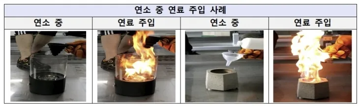 에탄올 화로 연소 중 연료 주입 사례. 불길이 갑자기 확 커지고 있다.  소방청 제공