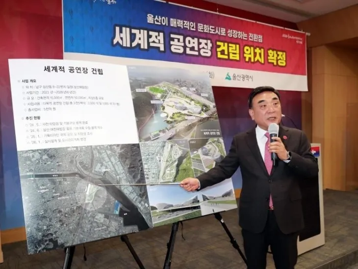 김두겸 울산시장이 24일 시청 프레스센터에서 세계적 공연장 건립 계획을 설명하고 있다. 울산시 제공