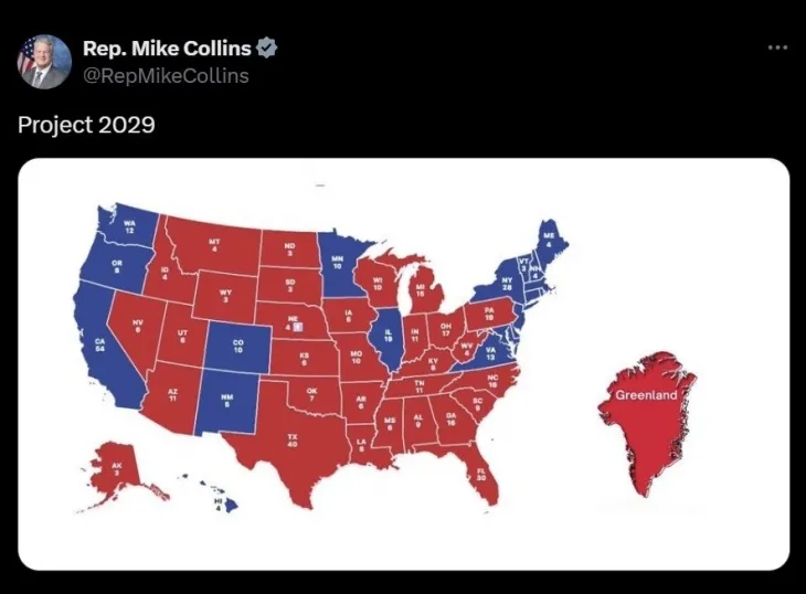 미국 대선 직후인 지난달 8일(현지시간) 마이크 콜린스 공화당 하원의원(조지아주)이 자신의 엑스(X·옛 트위터) 계정에 올린 미국 지도에 그린란드(오른쪽 붉은색)가 포함돼 있다. 도널드 트럼프 대통령 당선인이 승리한 주와 그린란드 지도를 합한 것이다. 콜린스 의원 X 캡처