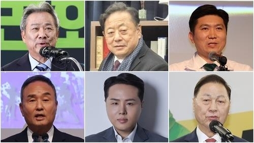 제42대 대한체육회장 후보 등록을 마친 6명의 후보들. 사진 상단 왼쪽부터 시계 방향으로 이기흥 후보, 김용주 후보, 유승민 후보, 강태선 후보, 오주영 후보, 강신욱 후보. 연합뉴스