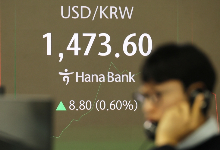 원·달러 환율이 장중 1,470원대를 돌파한 27일 서울 중구 하나은행 본점 딜링룸 현황판에 원·달러 환율 등 지수들이 표시되고 있다. 2024.12.27 연합뉴스