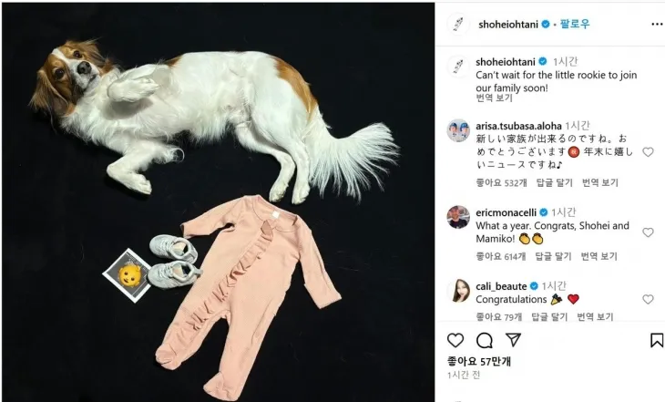 오타니 쇼헤이가 28일(현지시간) 자신의 인스타그램에 반려견 ‘데코핀’과 함께 이모티콘으로 가린 태아 초음파 사진, 아기용품 등을 찍어 올린 모습. 오타니 인스타그램 캡처