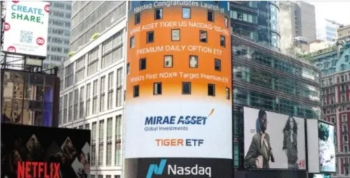 미국 뉴욕 나스닥 타워 전광판에 표출된 ‘TIGER ETF’. 미래에셋자산운용 제공