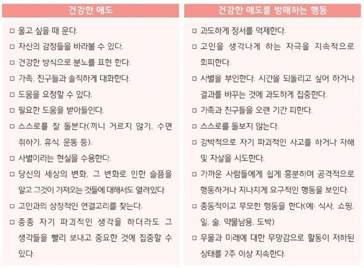 국가트라우마센터 애도상담프로그램 워크북에서 안내하는 건강한 애도와 건강한 애도를 방해하는 행동. 2024.12.30 대한신경정신의학회·한국트라우마스트레스학회 제공