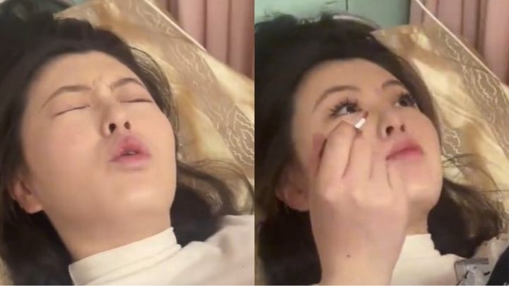 중국에서 출산을 앞둔 임산부가 진통을 참으면서 풀 메이크업을 해 화제가 되고 있다. 사진=더우인