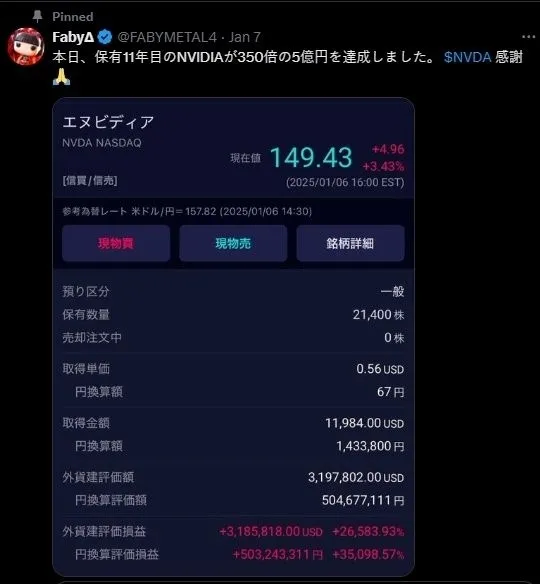 엔비디아 주식을 11년간 보유했다는 한 일본인이 5억엔(약 46억원)의 수익을 올린 자신의 계좌를 인증했다. 엑스(옛 트위터) 캡처