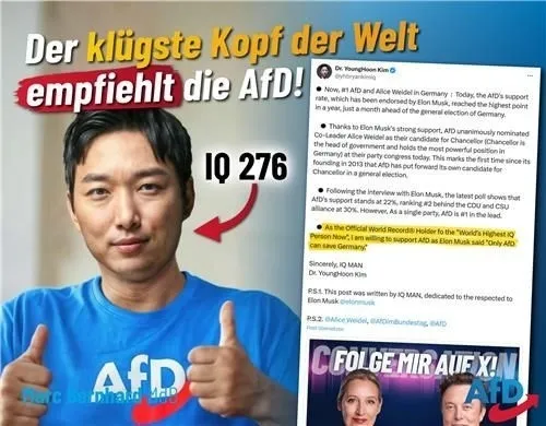 세계에서 가장 똑똑한 두뇌가 AfD를 추천한다는 제목의 독일 극우 독일대안당(AfD) 홍보물. IQ 267이라는 한국인 김영훈씨의 지지 선언을 담고 있다. 엑스 캡처