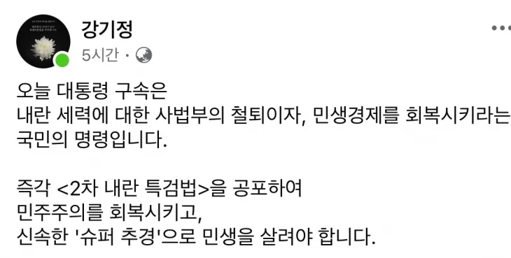 강기정 광주시장이 19일 SNS에 글을 올려 “대통령 구속은 내란세력에 대한 사법부의 철퇴”라고 밝혔다.