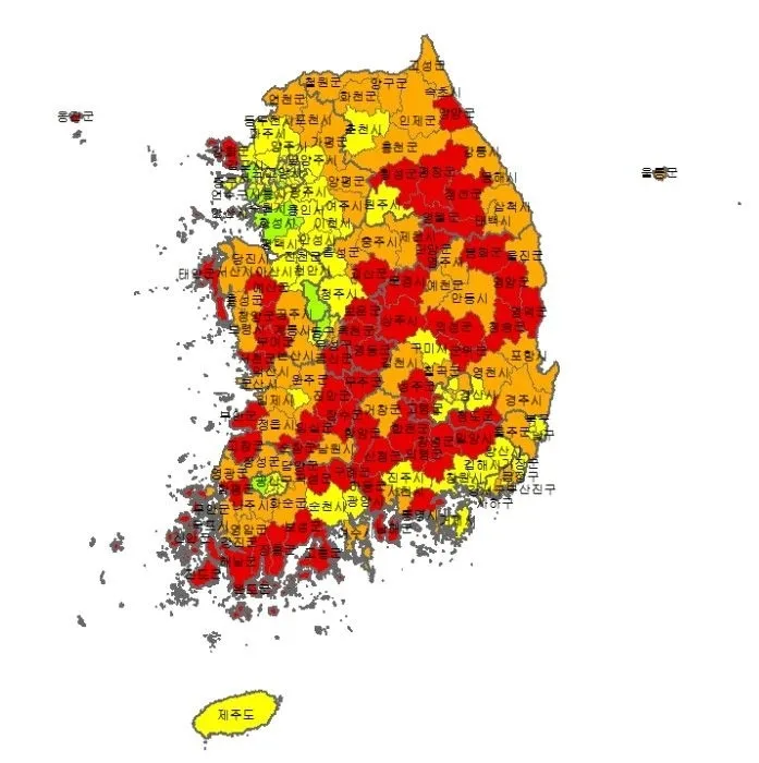 한국고용정보원이 분석한 2024년 3월 기준 전국 228개 시군구별 소멸위험지역 현황. 고용정보원 제공