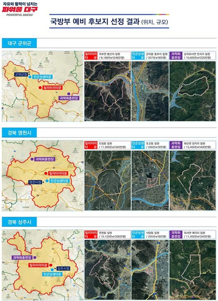 국방부가 선정한 대구 군부대 이전 예비후보지. 대구시 제공