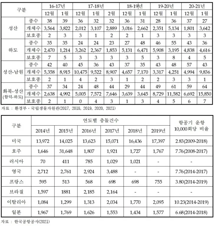 제주 제2공항 예정지 주변 주요 철새 도래지 조류 현황(위)과 외국공항의 조류 충돌 건수.