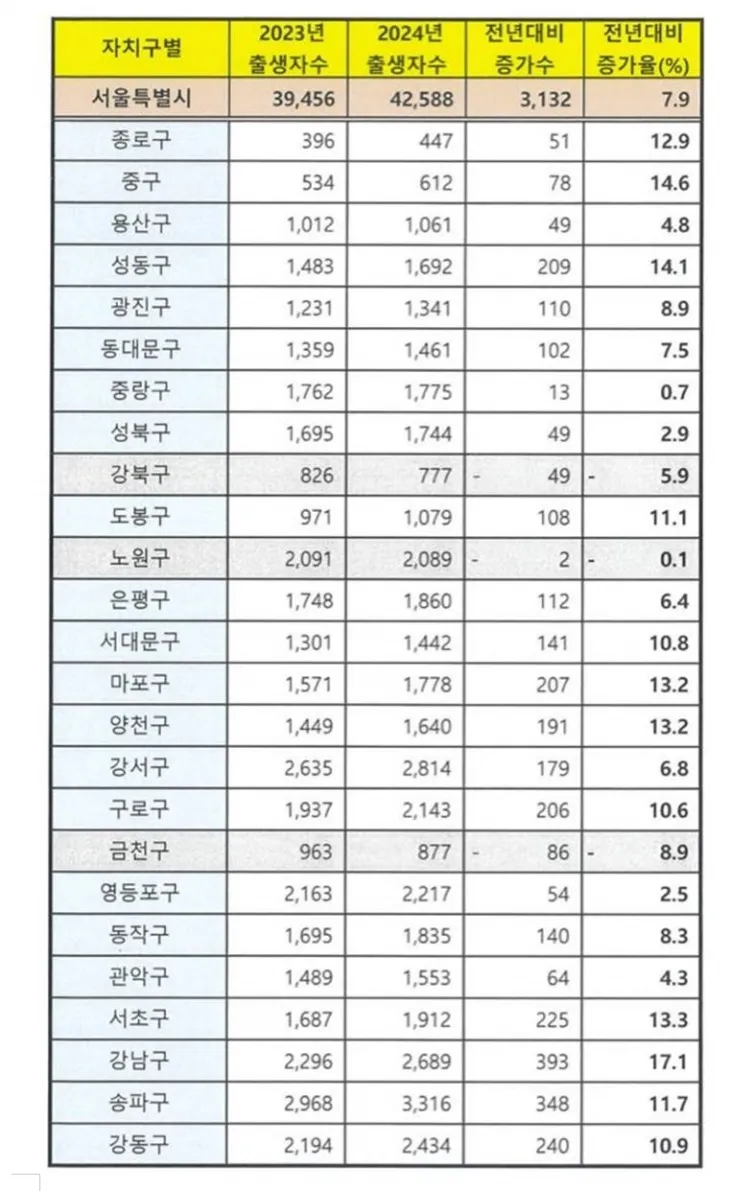 서울시 자치구별 출생자수