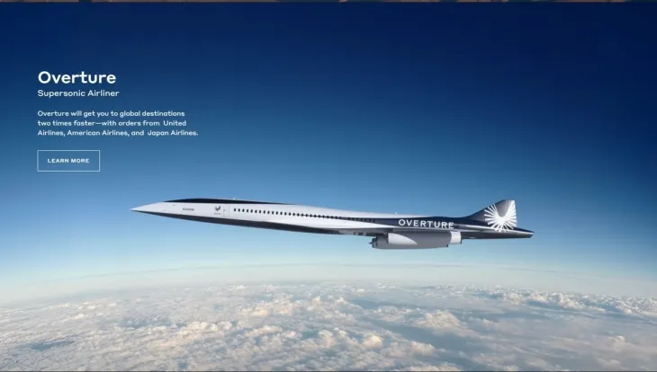 2025년 1월 29일 ‘붐 슈퍼소닉’ 홈페이지에 실려 있는 ‘오버추어’ 제트 여객기의 상상도. 붐 슈퍼소닉 홈페이지 캡처.