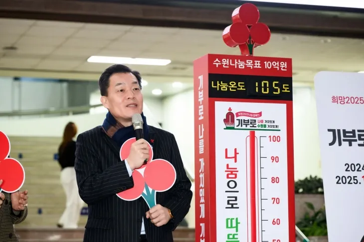 이재준 수원시장이 6일 사랑의 온도탑 폐막식에서 인사말을 하고 있다. (수원시 제공)