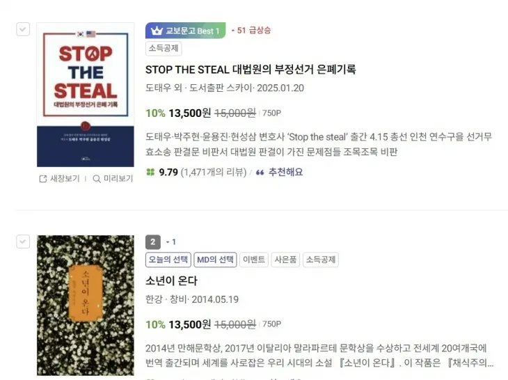 교보문고 2월 2주 차 베스트셀러 종합 1위에 오른 ‘STOP THE STEAL’. 교보문고 누리집 갈무리.