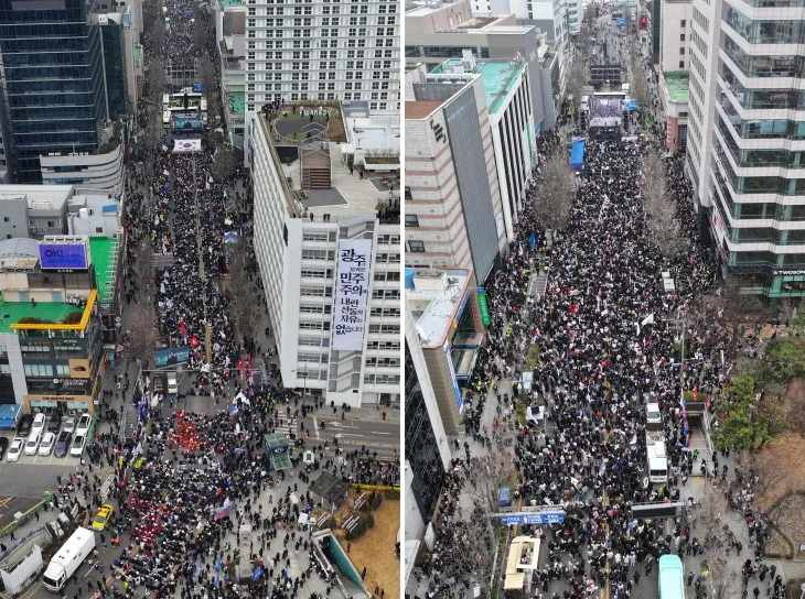 15일 오후 광주 동구 금남로에서 경찰버스로 만든 차벽을 사이에 두고 윤석열 대통령 탄핵에 찬성(왼쪽), 반대(오른쪽)하는 집회가 각각 열리고 있다. 연합뉴스 제공