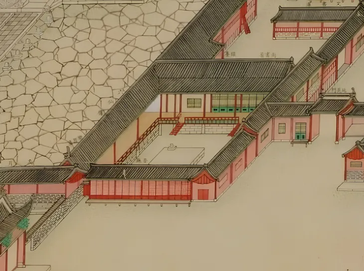 동궐도에 묘사된 승정원 청사 ‘은대’. 개고기를 뇌물로 주고 과거 문과 급제자들 모두가 선호하는 승정원 주서 자리를 얻은 이팽수라는 사람 때문에 ‘개고기 주사’라는 말이 생겼다. 위키피디아 제공