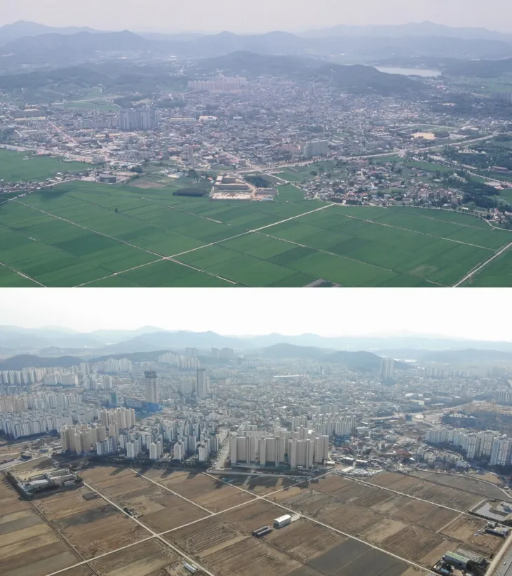 충남 아산시 과거 전경과 현재. 시 제공