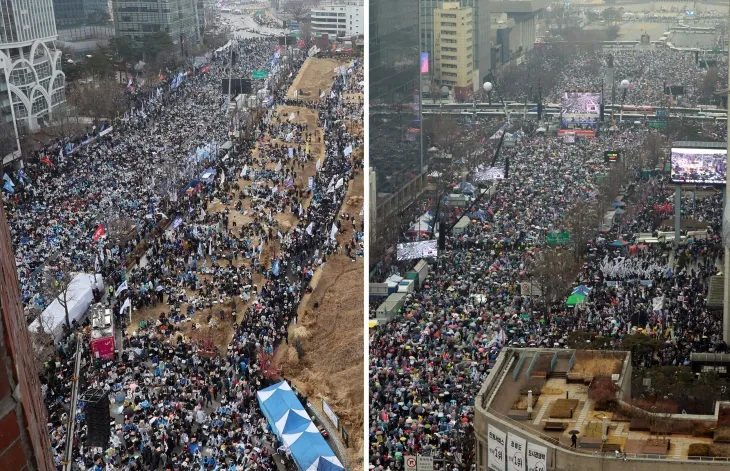 3·1절인 1일 서울 곳곳에서 윤석열 대통령 탄핵 찬반 집회가 열렸다. 왼쪽은 안국동에서 열린 더불어민주당 등  5개 야당의 ‘윤석열 파면 촉구 범국민대회’. 오른쪽은 세종대로에서 진행된 대한민국바로세우기국민운동본부의 윤 대통령 탄핵 반대 집회. 2025.3.1 연합뉴스