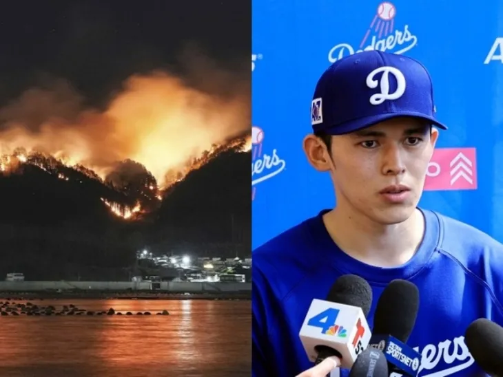 지난 3일 일본 혼슈 북동부 이와테현 오후나토시 산불 모습과 로스앤젤레스 다저스 우완 투수 사사키 로키(오른쪽). AP연합뉴스·연합뉴스