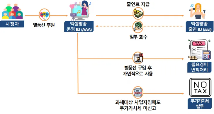 출연 BJ에게 고액의 출연료를 지급한 것처럼 위장해 비용을 부풀리고, 부가가치세를 의도적으로 미신고해 세금을 탈루한 엑셀방송 운영 BJ. &lt;자료: 국세청&gt;