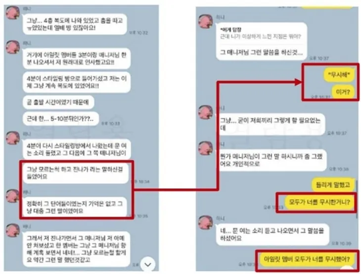 이른바 ‘무시해’ 사건과 관련해 뉴진스 하니와 민희진 전 어도어 대표가 주고받은 카카오톡 메시지. 자료 : 어도어