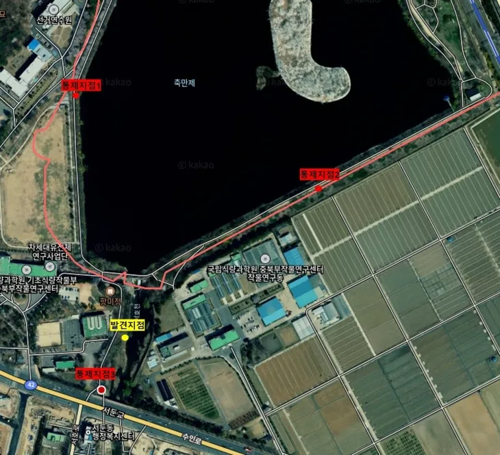 AI 확진된 민물가마우지 폐사체 발견 지점(수원시 제공)