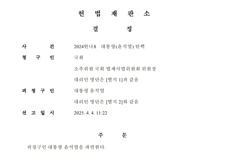 헌법재판소가 4일 홈페이지에 공개한 윤석열 전 대통령 파면 결정문 전문. 자료 : 헌법재판소