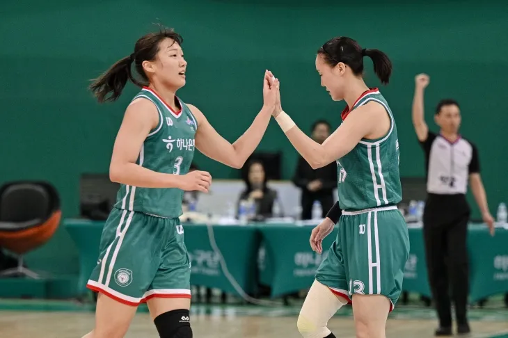 부천 하나은행 정예림이 지난 2월 7일 부천체육관에서 열린 2024~25 여자프로농구 정규시즌 용인 삼성생명과의 홈 경기에서 김정은과 하이파이브하고 있다. WKBL 제공