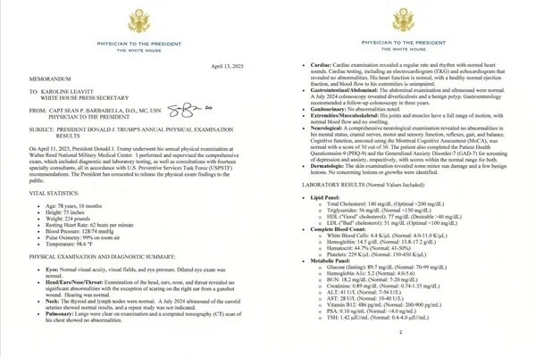 트럼프 건강검진 결과. 백악관 엑스 캡처