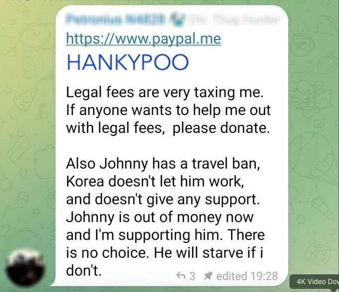 유튜버 ‘리걸 마인드셋’이 공개한 소말리 지인의 텔레그램 메시지 화면. 메시지에는 소말리의 법률 비용 및 생계 지원을 위한 후원금을 모금하는 페이팔 계정이 공유돼 있다. 엑스 캡처