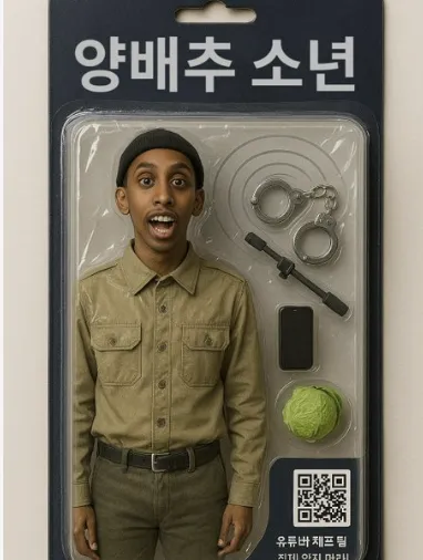 ‘리걸 마인드셋’이 자신의 엑스 계정에 공유한 소말리의 AI 생성 피규어 이미지. ‘양배추 소년’이라는 제목과 함께 양배추, 휴대폰, 수갑이 세트로 구성된 모습으로 표현돼 있다. 엑스 캡처.