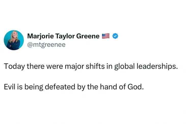 공화당 소속 마저리 테일러 그린(50) 연방 하원의원(조지아주)은 21일(현지시간) 프란치스코 교황의 선종이 보도되고 약 9시간 뒤 엑스(X)에 “오늘 글로벌 리더십에 중요한 변화가 있었다. 신의 손에 악이 패배했다”고 적었다. 2025.4.22.