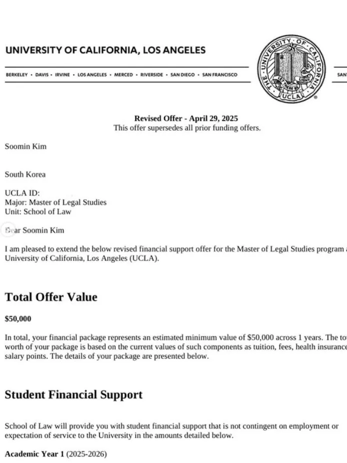 미국 로스쿨에 합격했다는 소식을 전했던 김수민(28) 전 SBS 아나운서가 수업료의 대부분을 커버할 수 있는 전액 장학금을 받았다고 밝혀 관심이 쏠리고 있다. 사진은 김수민이 공개한 UCLA 전액 장학금 면접 결과. 김수민 인스타그램 캡처