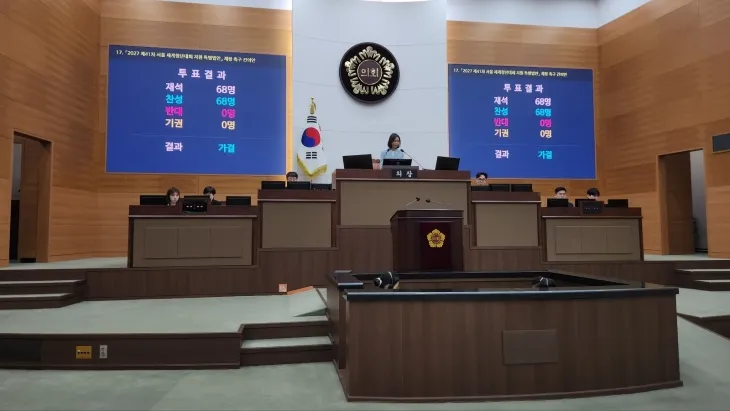 제330회 본회의 중, 문성호 의원 발의 「2027 제41차 서울 세계청년대회 지원 특별법안」 제정 촉구 건의안의 만장일치 가결 모습